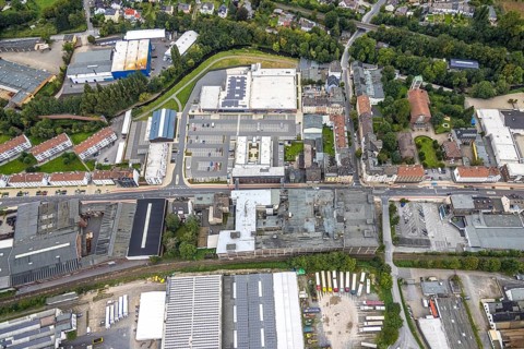 Aerial view, shopping centre and commercial area Enneper Straße as well as St. Konrad church and