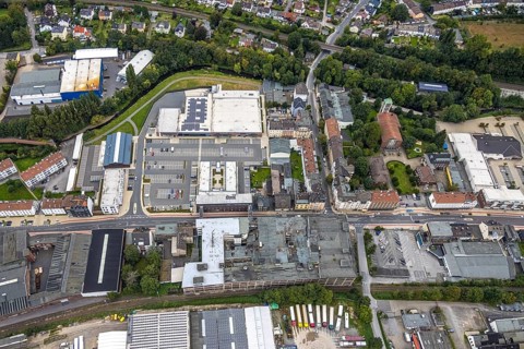 Aerial view, shopping centre and commercial area Enneper Straße as well as St. Konrad church and