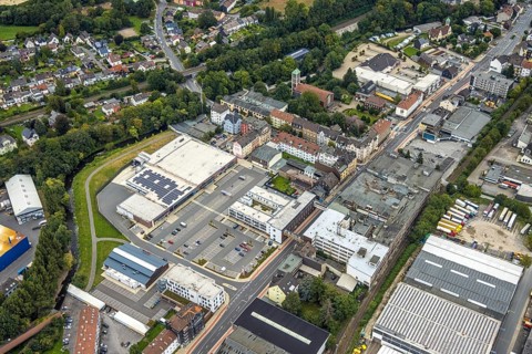 Aerial view, shopping centre and commercial area Enneper Straße as well as St. Konrad church and