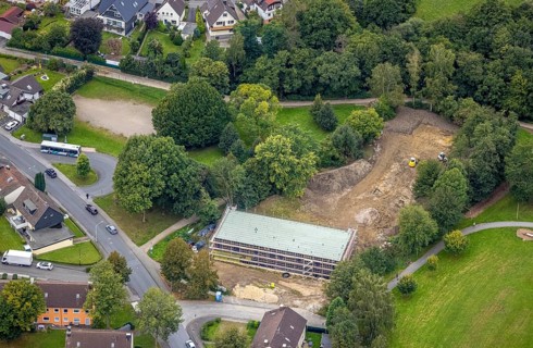 Aerial view, construction site and new building at Quambusch for day care centre Jungfernbruch 96