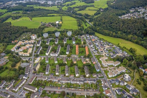 Aerial view, residential estate with nursing home Harkorten in the district Haspe-West in Hagen,