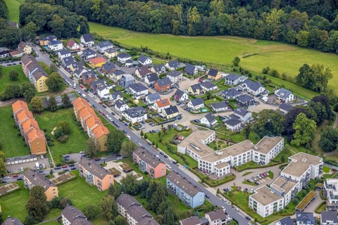 Aerial view, residential estate with nursing home Harkorten in the district Haspe-West in Hagen,