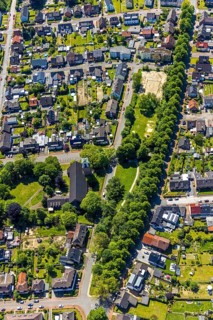 Aerial view, park with playground and football pitch at the Römerstraße, catholic parish church St.