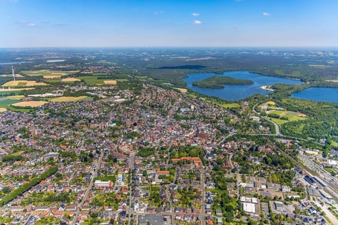 Aerial view, Old town with catholic St.Sixtus Church, Old Town Ring, Haltern am See Town Hall, view