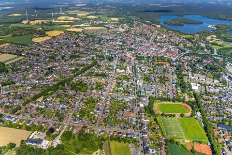 Aerial view, Old town with catholic St.Sixtus-Kirche, Altstadring, Haltern am See town hall,