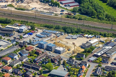 Aerial view, construction site at Annabergstraße for new construction of flats, former company site