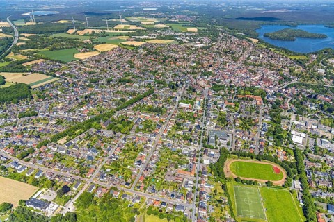 Aerial view, Old town with catholic St.Sixtus-Kirche, Altstadring, Haltern am See town hall,