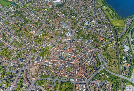 Aerial view, old town with catholic St.Sixtus-Kirche, Altstadring, Haltern am See town hall,