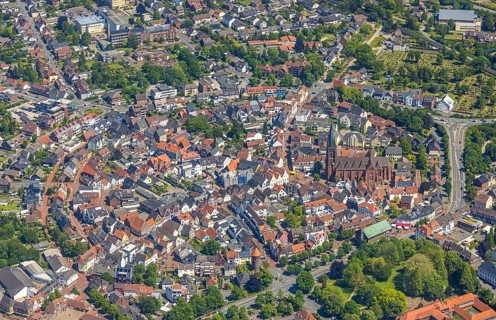 Aerial view, Old town with catholic St.Sixtus-Kirche, Altstadring, Haltern-Stadt, Haltern am See,