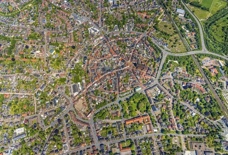 Aerial view, old town with catholic St.Sixtus-Kirche, Altstadring, town hall Haltern am See,