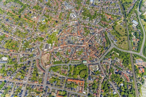 Aerial view, old town with catholic St.Sixtus-Kirche, Altstadring, town hall Haltern am See,