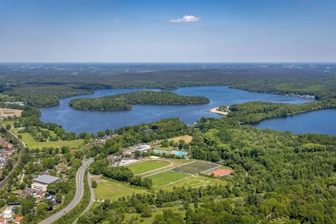 Aerial view, Haltern reservoir, Hullerner Straße, sports ground TuS Haltern am See, leisure pool