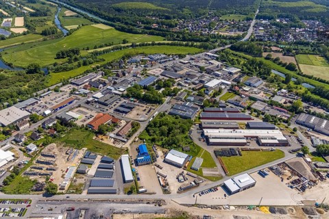 Aerial view, industrial estate south Recklinghäuser Straße, river Lippe with Lippebogen, canal