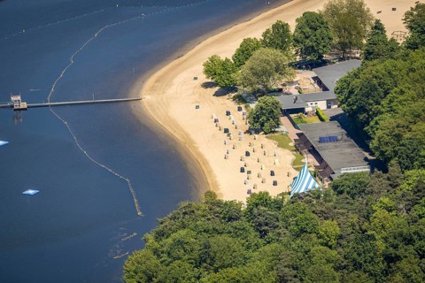 Aerial view, preparation for the bathing season, Haltern reservoir, Haltern south beach with sandy