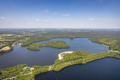 Aerial view, preparation for the bathing season, Haltern reservoir, Haltern south beach with sandy