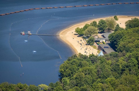 Aerial view, preparation for the bathing season, Haltern reservoir, Haltern south beach with sandy