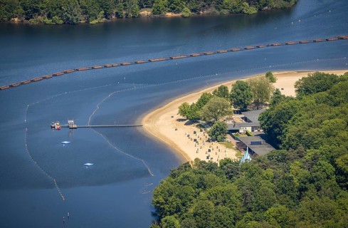 Aerial view, preparation for the bathing season, Haltern reservoir, Haltern south beach with sandy