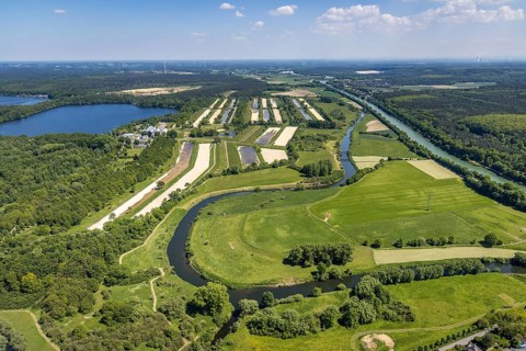 Aerial view, Gelsenwasser AG waterworks Haltern, filter basin, Haltern reservoir south basin, river