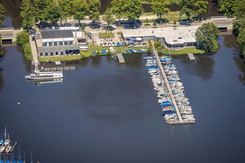 Aerial view, Halterner Stausee Mühlenbach, Strandallee, boat landing stage, restaurant Seeblick and