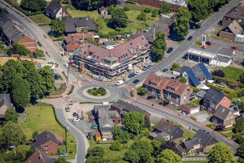 Aerial view, construction site and new building Hellweg / Thiestraße at roundabout, Sythen, Haltern