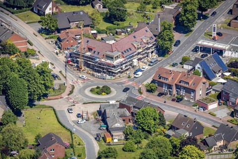 Aerial view, construction site and new building Hellweg / Thiestraße at roundabout, Sythen, Haltern