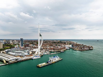 Portsmouth Harbour over Spinnaker Tower from a drone, Portsmouth, Gosport, EnglandDefault