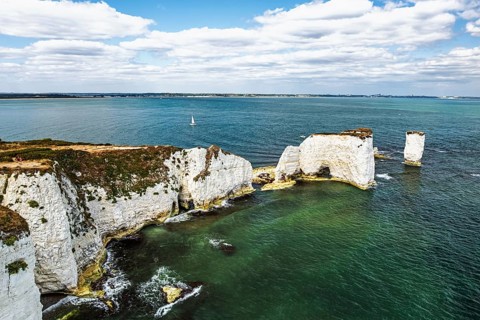 White Cliffs of Old Harry Rocks Jurassic Coast from a drone, Handfast Point, Dorset Coast, Poole,