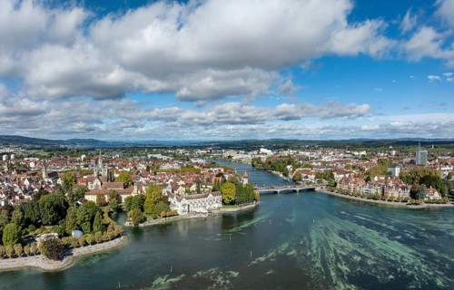 Aerial view, panorama of Lake Constance with the Seerhein, also Rhine funnel and the old town of