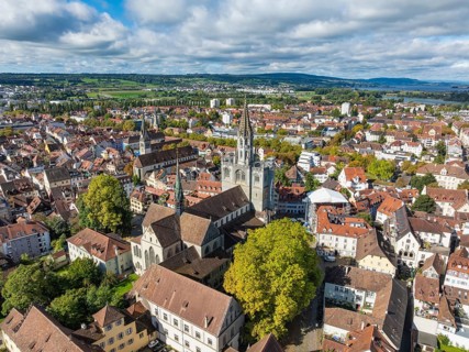 Aerial view of the historic old town of Constance with the Constance Minster, Constance district,