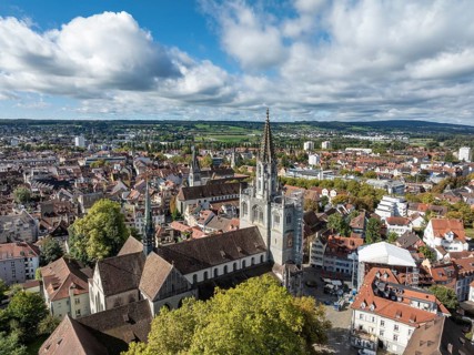 Aerial view of the historic old town of Constance with the Constance Minster, Constance district,