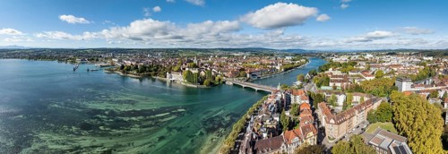 Aerial view, panorama of Lake Constance and the Seerhein also Rhine funnel with the city of