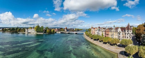 Aerial view, panorama of Lake Constance and the Seerhein including the Rhine funnel with the city