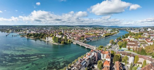 Aerial view, panorama of Lake Constance and the Seerhein also Rhine funnel with the city of