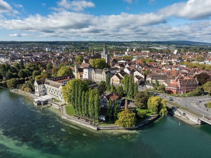 Aerial view of Lake Constance with the Seerhein, also Rhine funnel and the old town of Constance,