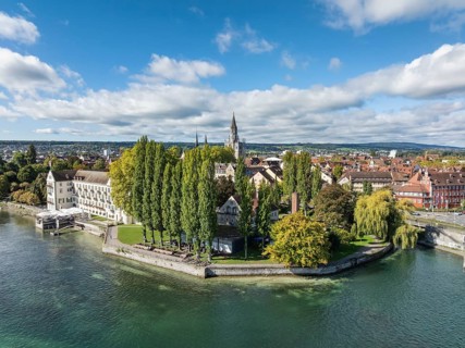 Aerial view of Lake Constance with the Seerhein, also Rhine funnel and the old town of Constance,