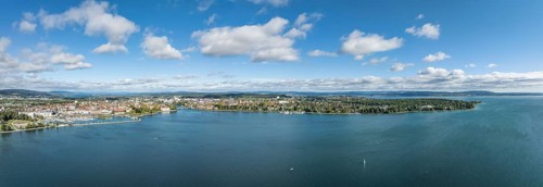 Aerial view, panorama of Lake Constance and the Seerhein including the Rhine funnel with the city