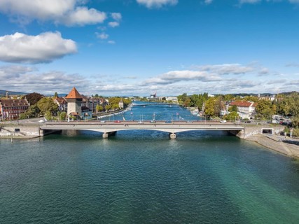 Aerial view of the Seerhein also known as the Rhine funnel with the old Rhine bridge, where the