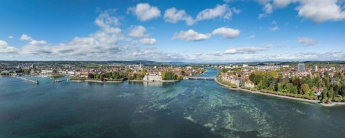 Aerial view, panorama of Lake Constance and the Seerhein including the Rhine funnel with the city