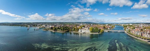Aerial view, panorama of Lake Constance and the Seerhein including the Rhine funnel with the city