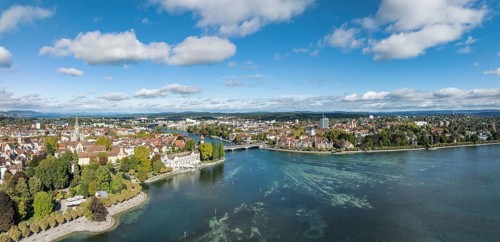 Aerial view, panorama of Lake Constance and the Seerhein including the Rhine funnel with the city