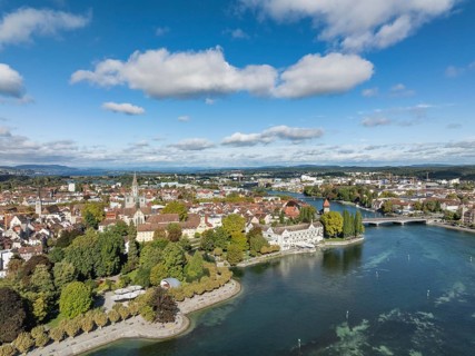 Aerial view of Lake Constance with the Seerhein, also Rhine funnel and the old town of Constance