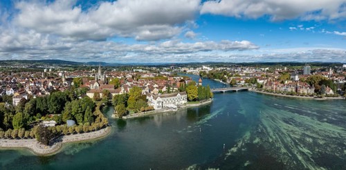 Aerial view, panorama of Lake Constance with the Seerhein, also Rhine funnel and the old town of