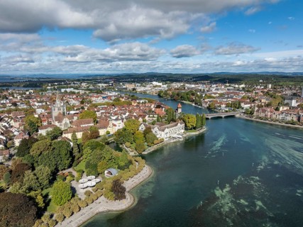 Aerial view of Lake Constance with the Seerhein, also Rhine funnel and the old town of Constance