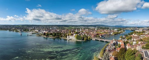 Aerial view, panorama of Lake Constance and the Seerhein also Rhine funnel with the city of