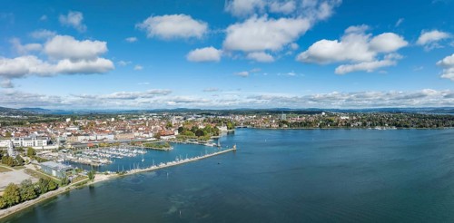 Aerial view, panorama of Lake Constance and the Seerhein including the Rhine funnel with the city