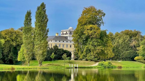 Wörlitz Park with a view of Wörlitz Palace, church, Dessau-Wörlitz Garden Kingdom, Unesco World