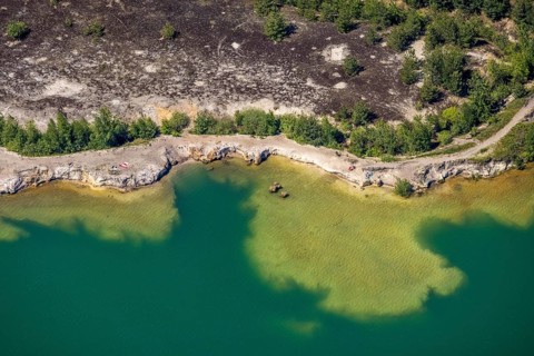 Aerial view, rocky beach at Silbersee II, Lehmbraken, Haltern am See, Ruhr area, North