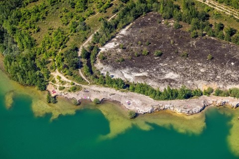 Aerial view, rocky beach at Silbersee II, Lehmbraken, Haltern am See, Ruhr area, North