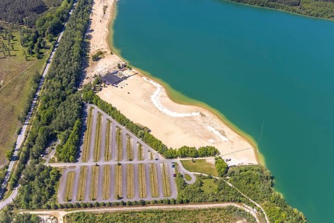 Aerial view, Silbersee II with sandy lido and lido, Lehmbraken, Haltern am See, Ruhr area, North