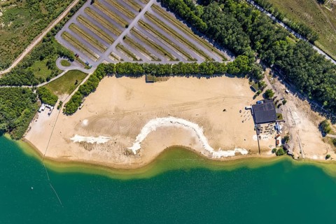 Aerial view, Silbersee II with sandy lido and lido, Lehmbraken, Haltern am See, Ruhr area, North